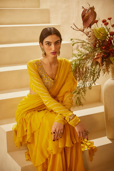 Yellow Pre-Stitched Layered Saree