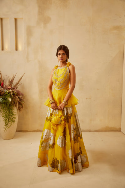 Yellow Peplum & Dahlia Lehenga