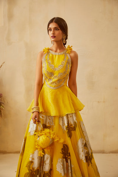 Yellow Peplum & Dahlia Lehenga