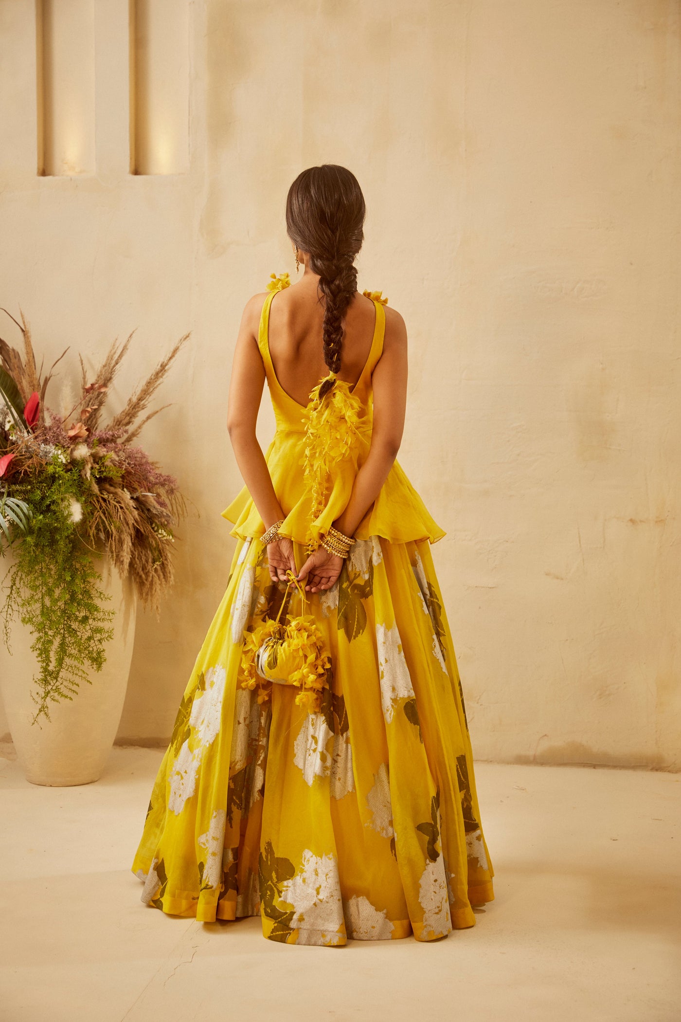 Yellow Peplum & Dahlia Lehenga