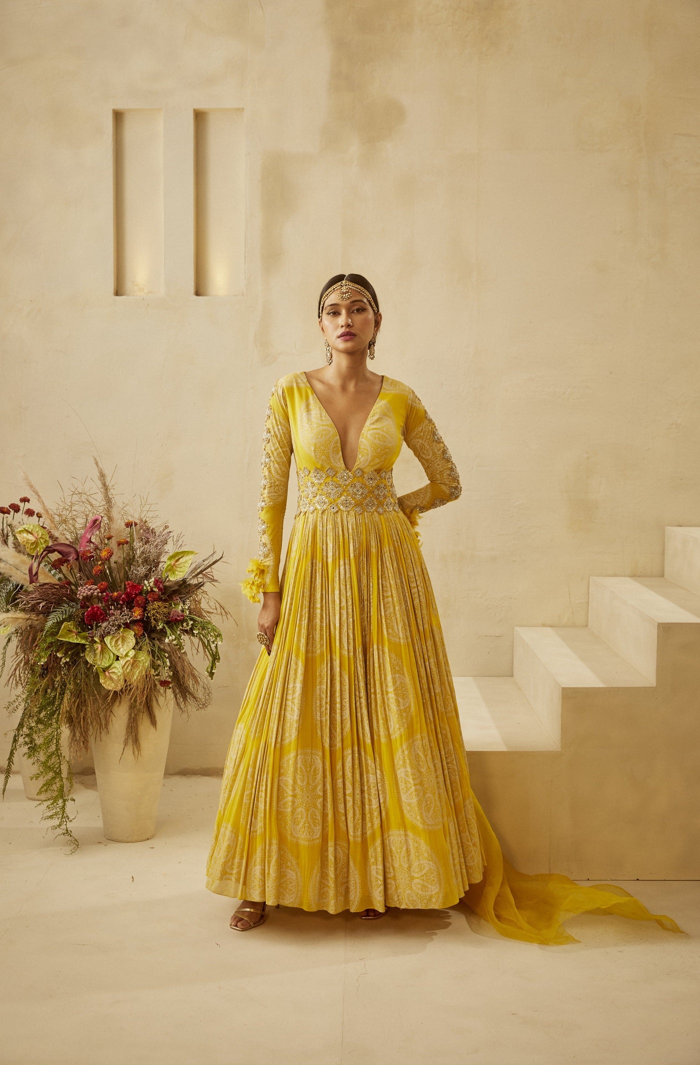 Yellow Circle Print Belted Anarkali