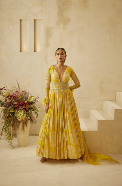 Yellow Circle Print Belted Anarkali
