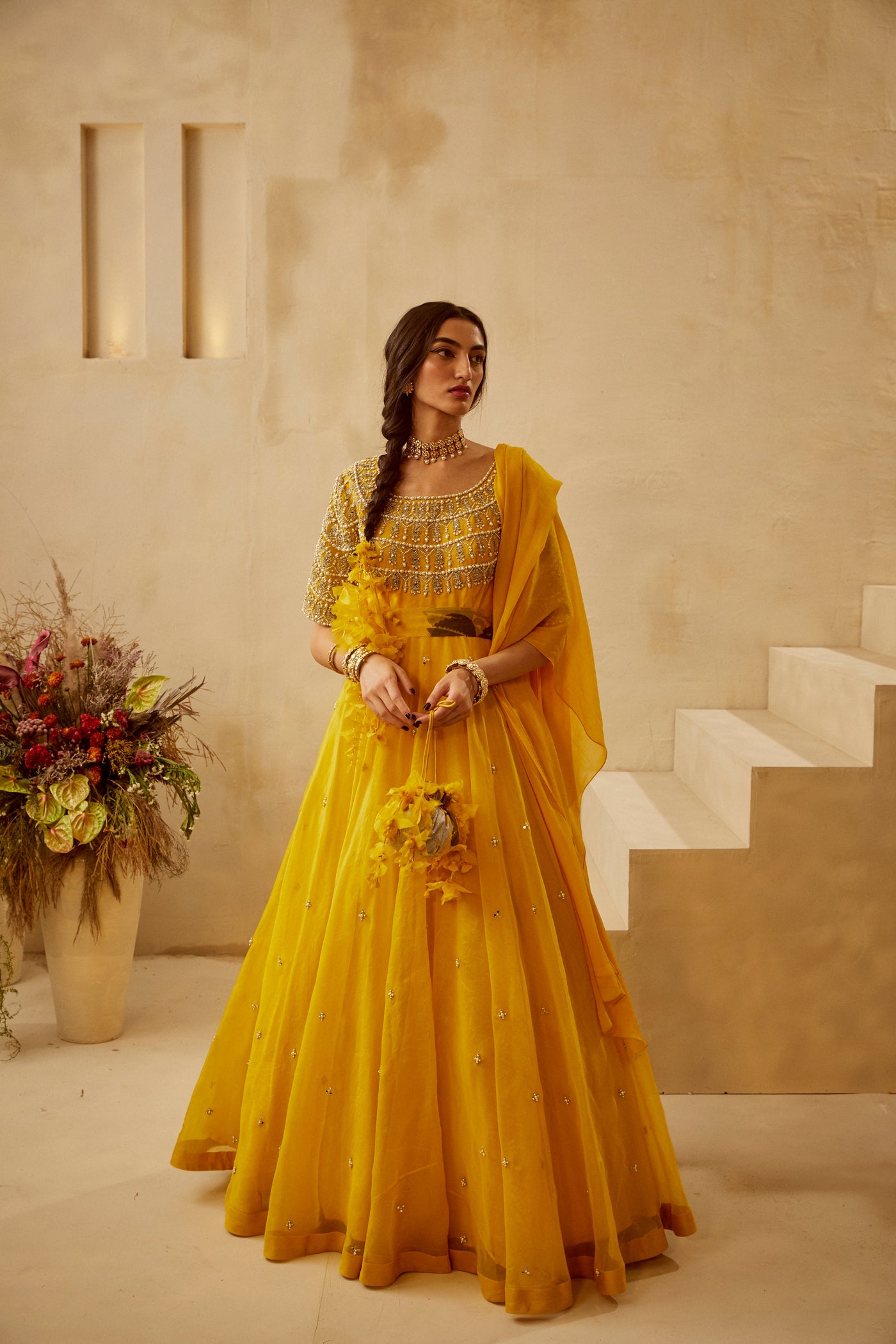 Yellow Organza Embroidered Anarkali