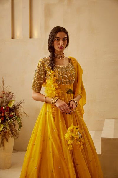 Yellow Organza Embroidered Anarkali