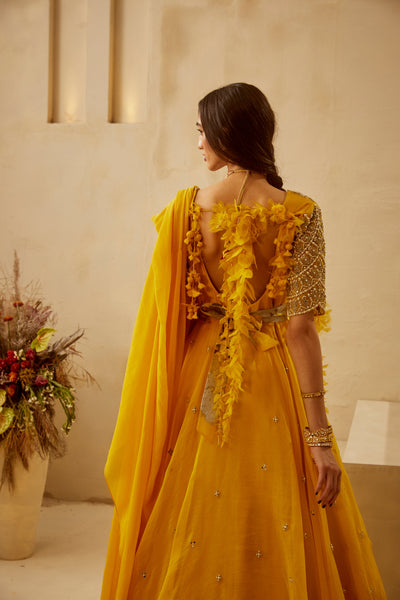 Yellow Organza Embroidered Anarkali