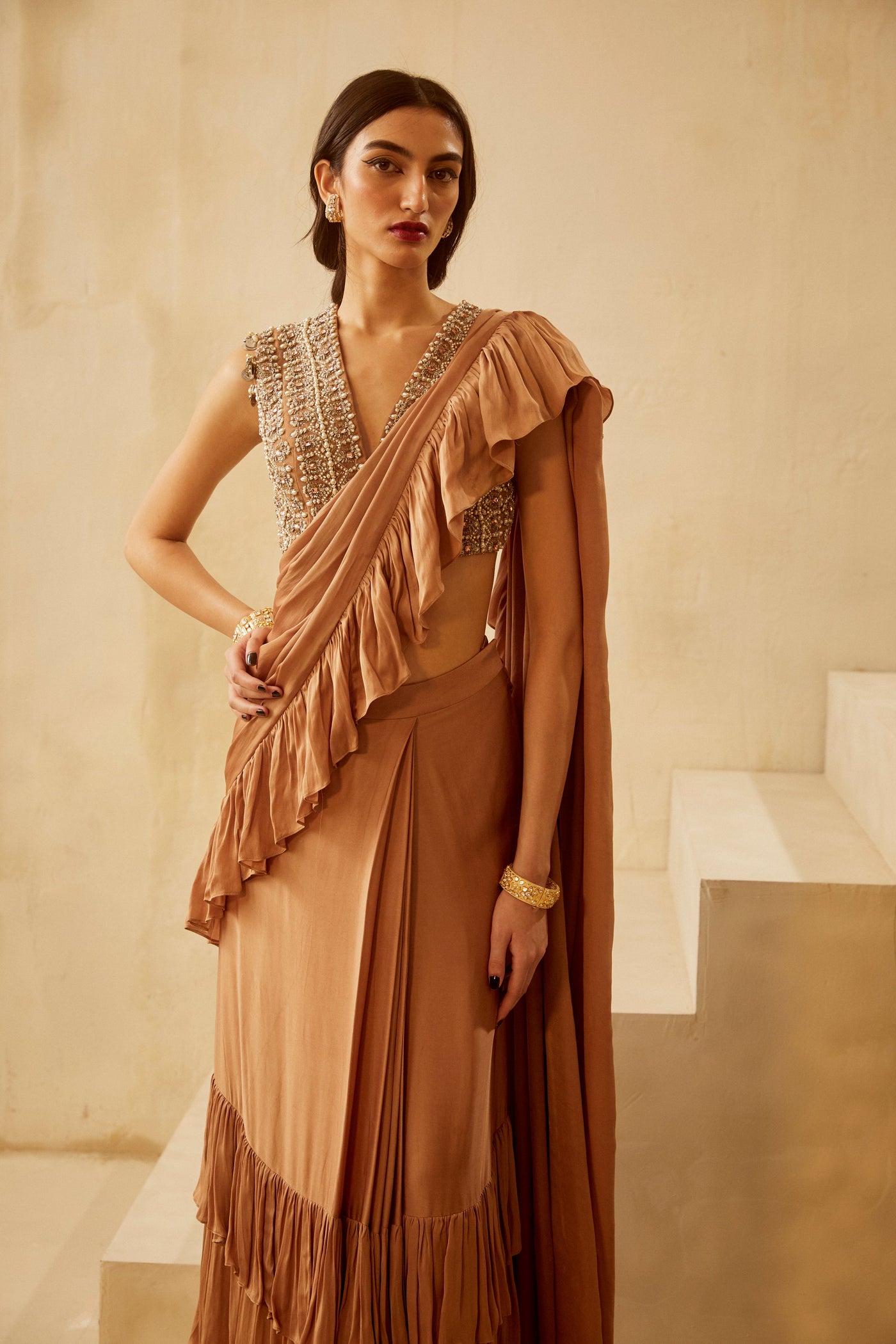 Nude Pearl Work Saree