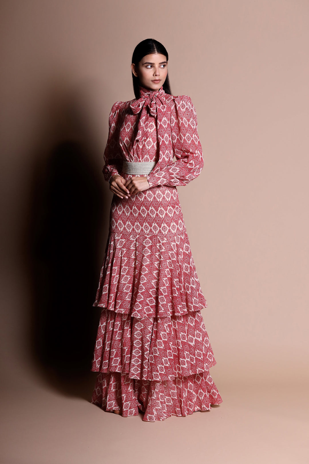 A Printed Layered Dress With A Pearl Embellished Belt - BHUMIKA SHARMA