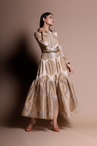 A Printed Collar Dress With An Embellished Yoke & Printed Belt - BHUMIKA SHARMA