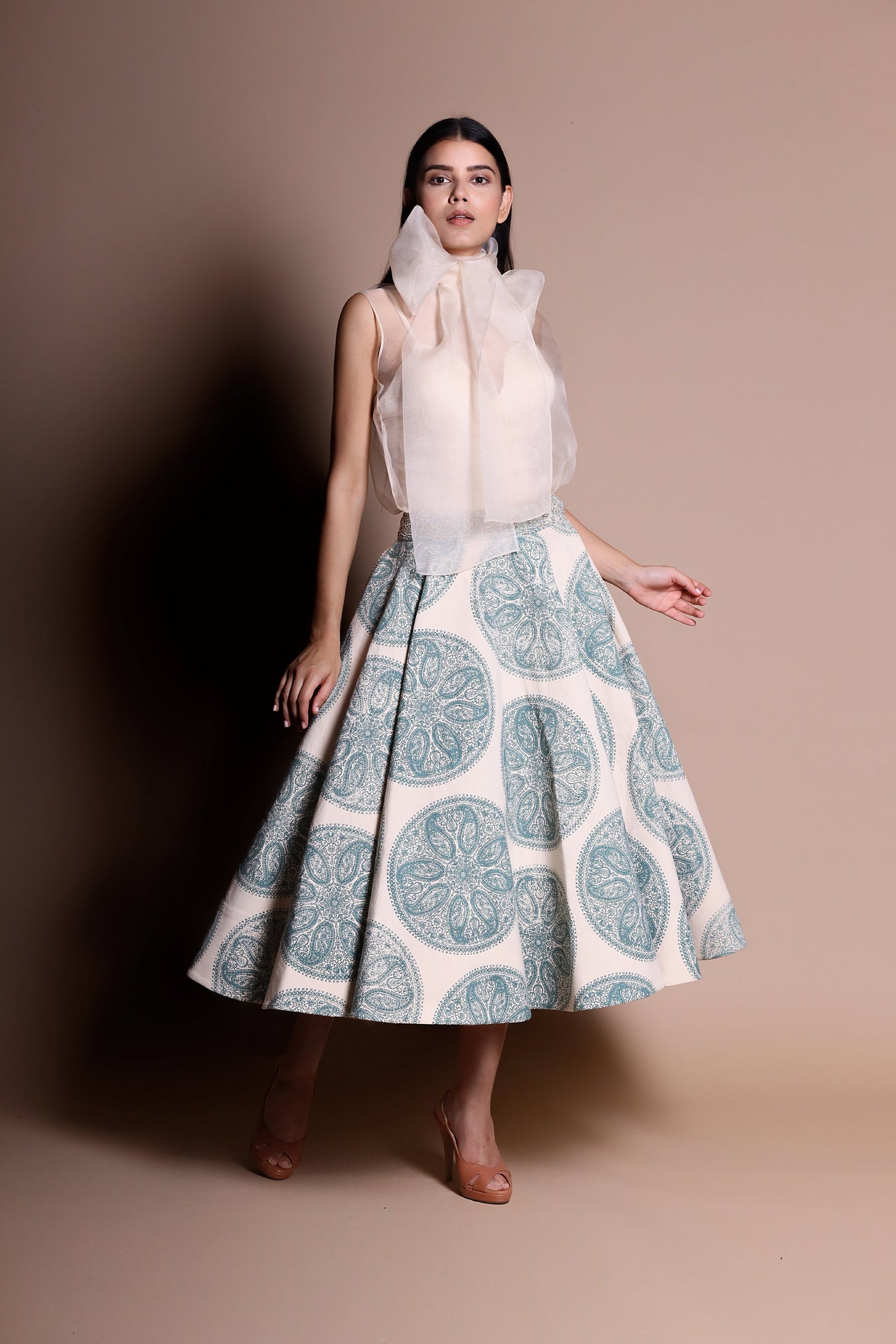 A Sheer Bow-Neck Top With A Printed Skirt - BHUMIKA SHARMA