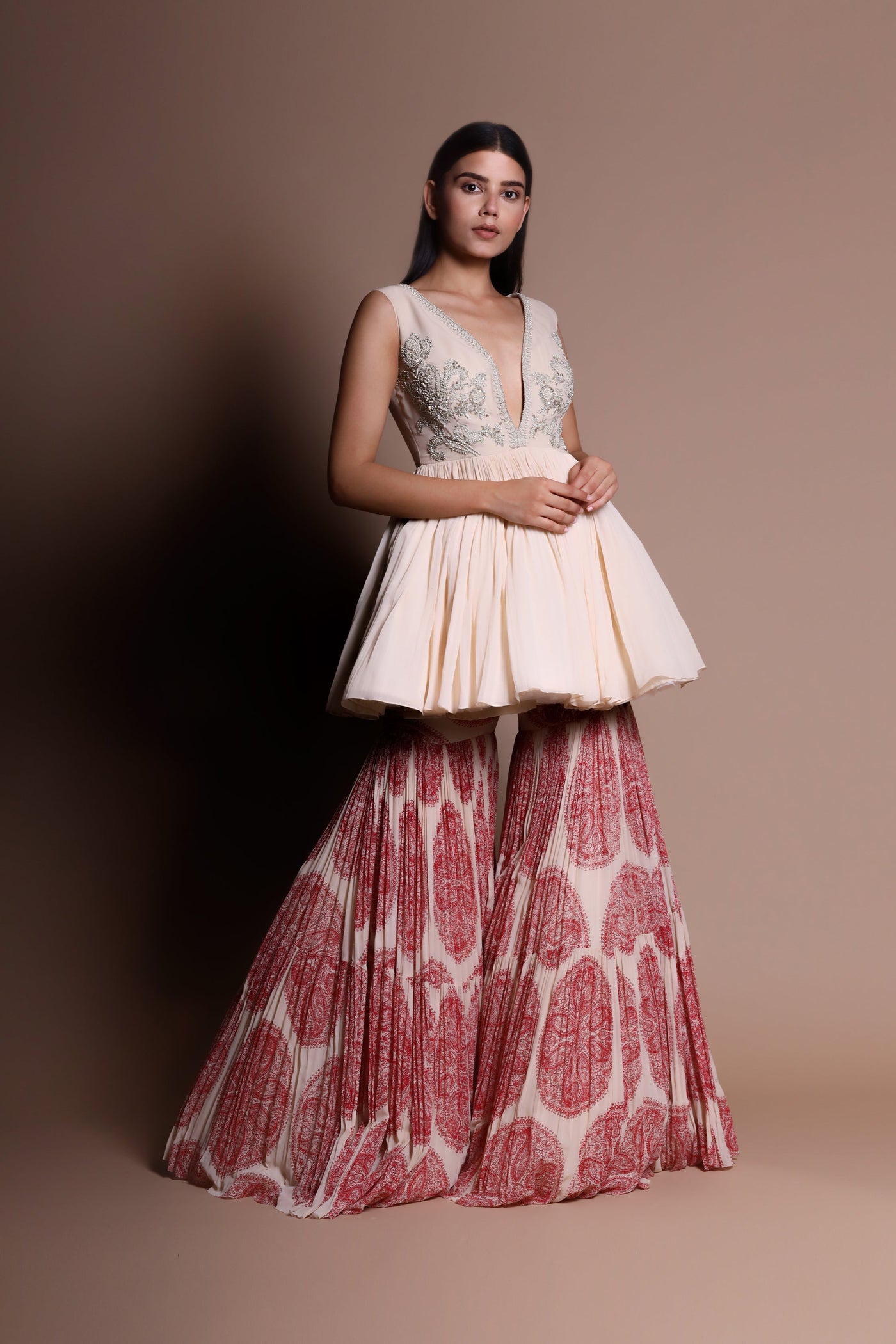 An Embellished Kurta With Printed Sharara Pants & A Statement Printed Dupatta - BHUMIKA SHARMA