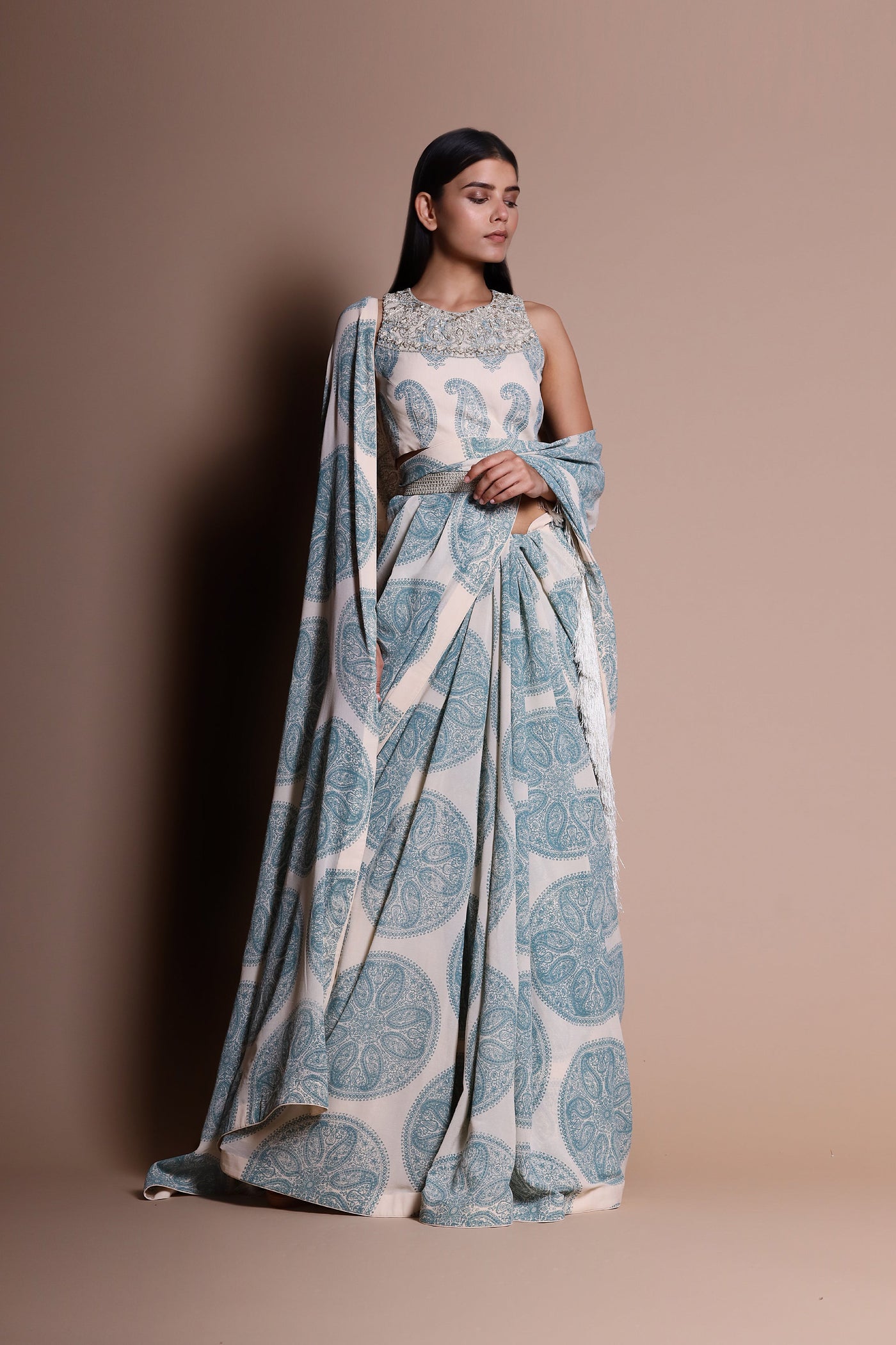 A Printed Fringe Saree With An Embellished Blouse & Belt - BHUMIKA SHARMA