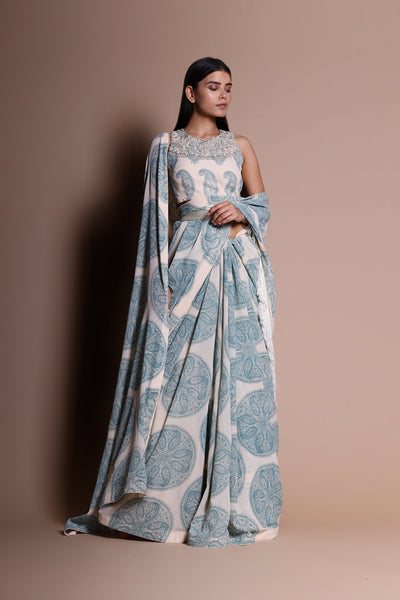 A Printed Fringe Saree With An Embellished Blouse & Belt - BHUMIKA SHARMA