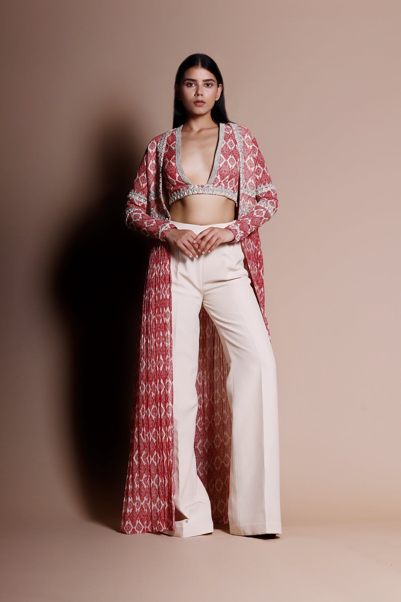 A Printed Embellished Blouse & Cape With Trousers - BHUMIKA SHARMA