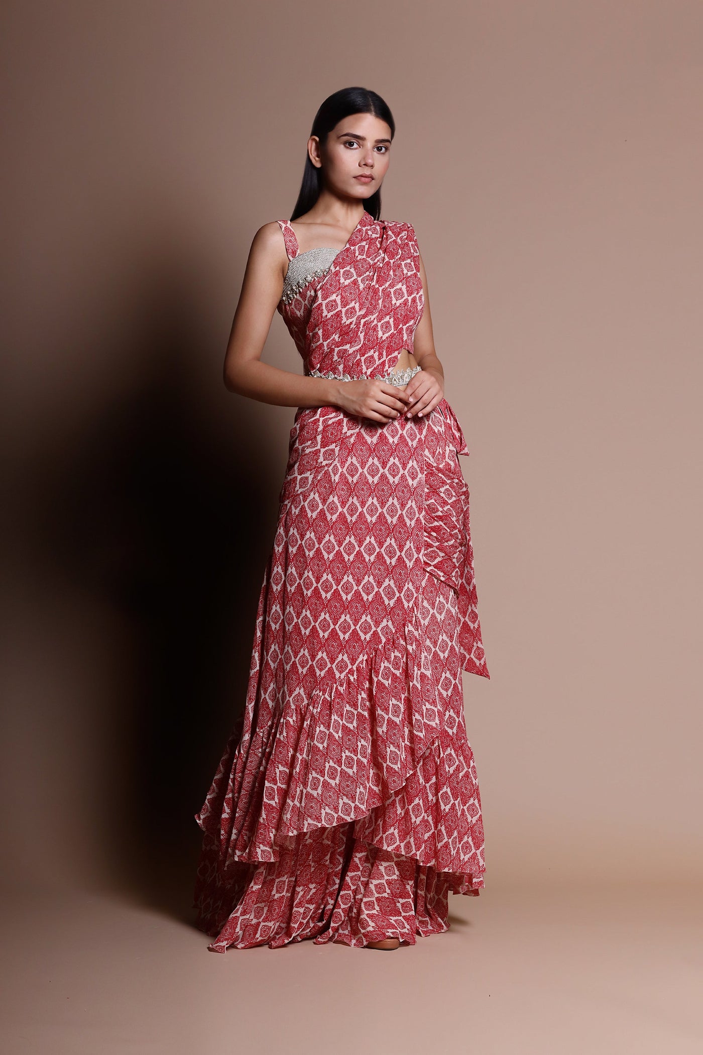 A Printed Pre-Stitched Drape Saree With An Embellished Printed Blouse & An Embroidered Cut-Work Belt - BHUMIKA SHARMA