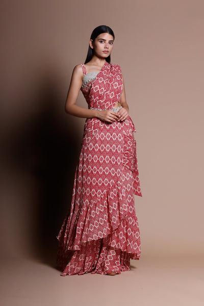 A Printed Pre-Stitched Drape Saree With An Embellished Printed Blouse & An Embroidered Cut-Work Belt - BHUMIKA SHARMA