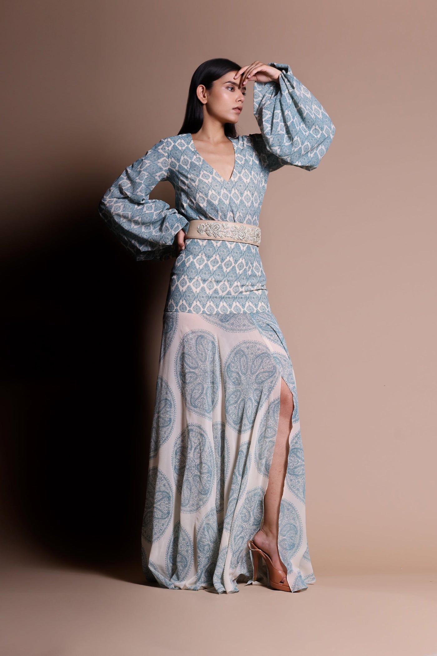 A Printed Balloon Sleeved Top With A Dual Print High-Slit Embellished Skirt - BHUMIKA SHARMA