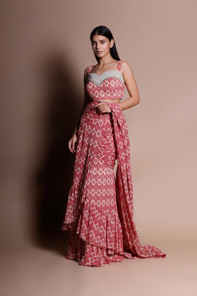 A Printed Pre-Stitched Drape Saree With An Embellished Printed Blouse & An Embroidered Cut-Work Belt - BHUMIKA SHARMA