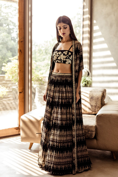 Black Printed Cape Lehenga - BHUMIKA SHARMA