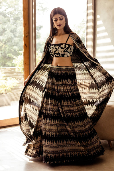 Black Printed Cape Lehenga - BHUMIKA SHARMA