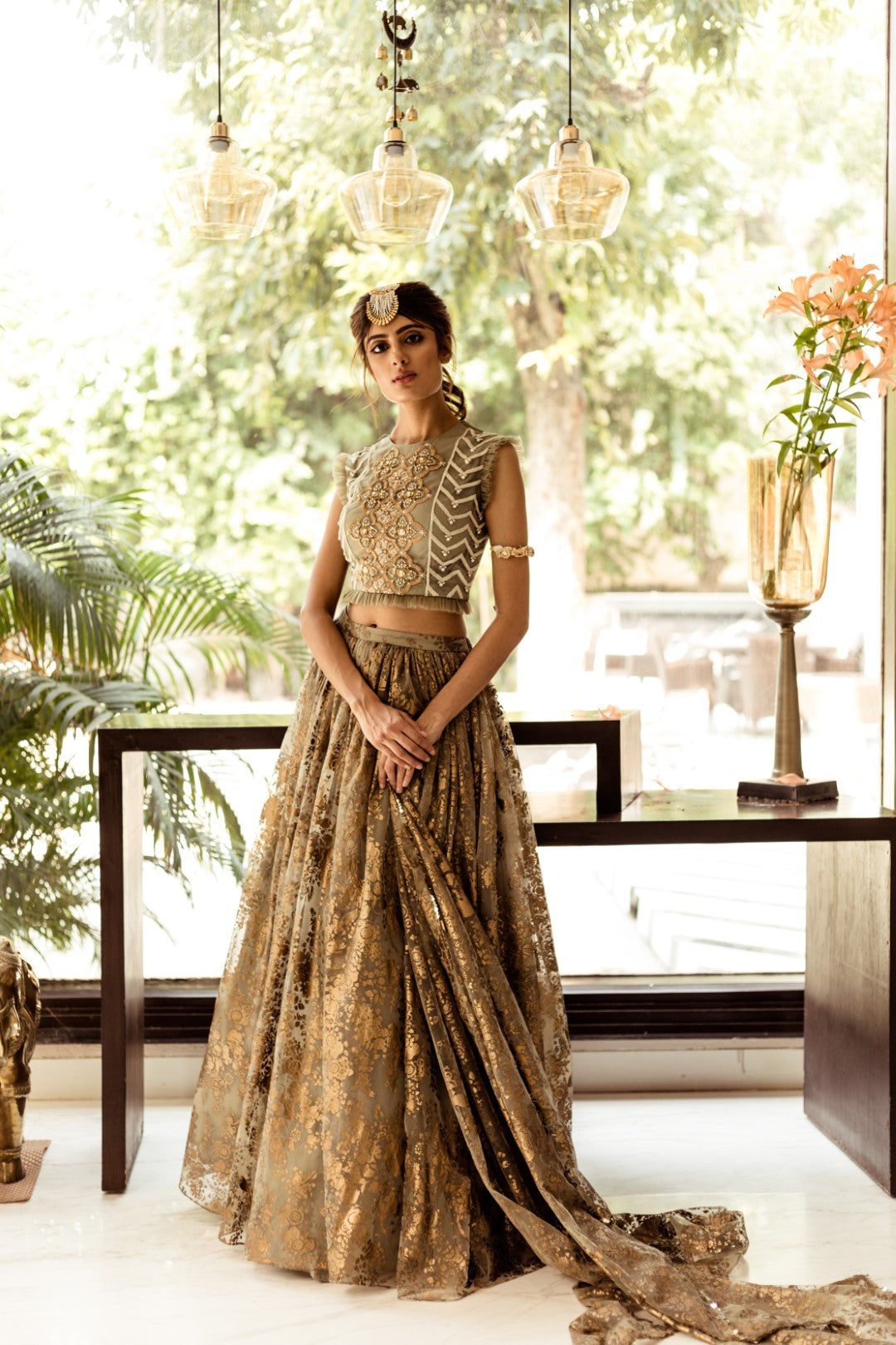 Green Gold Foil Print Lehenga Set - BHUMIKA SHARMA