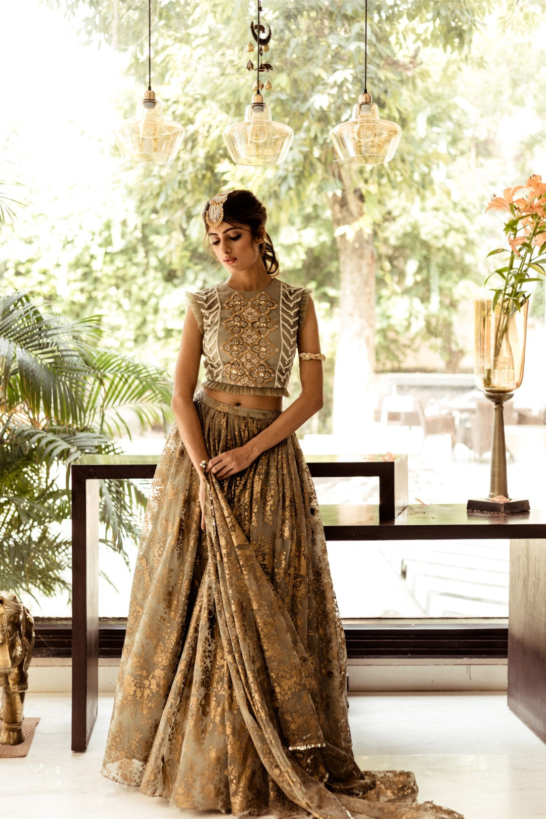 Green Gold Foil Print Lehenga Set - BHUMIKA SHARMA