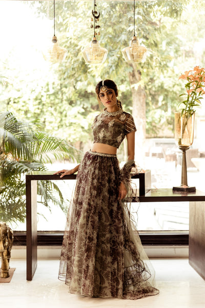 Green Bird Motif Printed Lehenga Set - BHUMIKA SHARMA