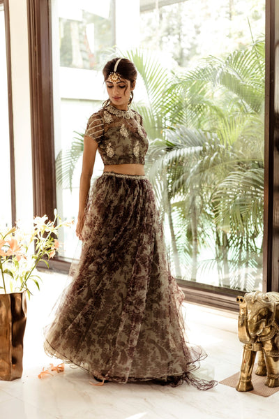 Green Bird Motif Printed Lehenga Set - BHUMIKA SHARMA