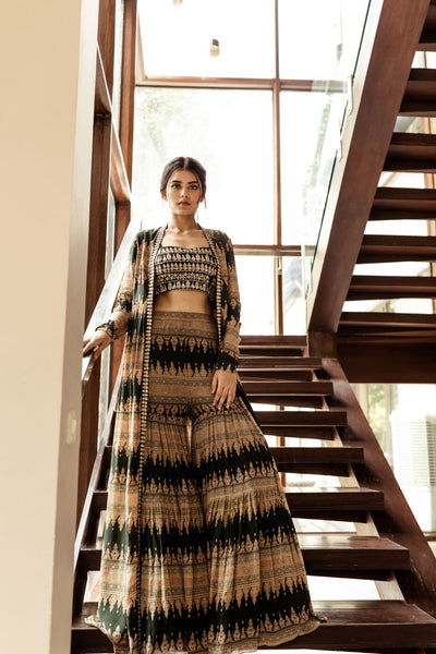 Bottle Green Geometric Print Cape Set - BHUMIKA SHARMA