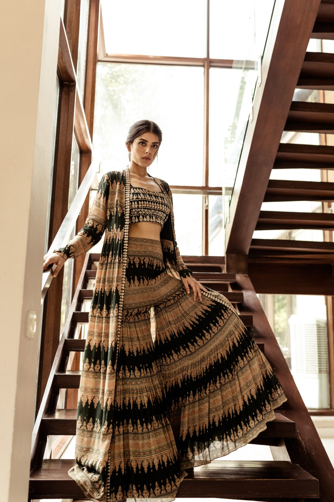 Bottle Green Geometric Print Cape Set - BHUMIKA SHARMA