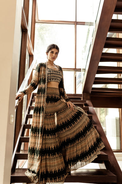 Bottle Green Geometric Print Cape Set - BHUMIKA SHARMA