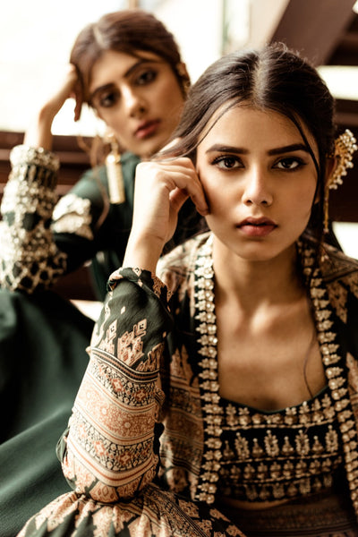 Bottle Green Geometric Print Cape Set - BHUMIKA SHARMA