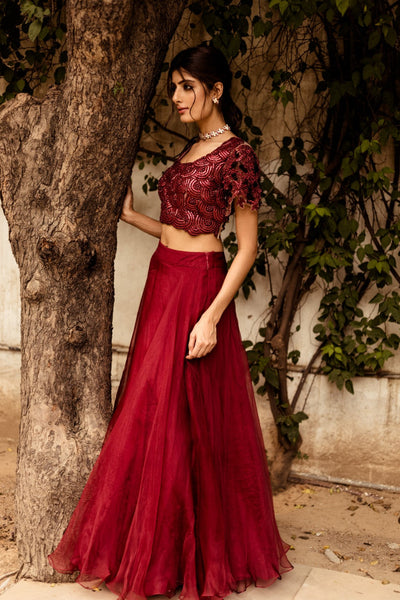 Marsala Organza Lehenga Set - BHUMIKA SHARMA