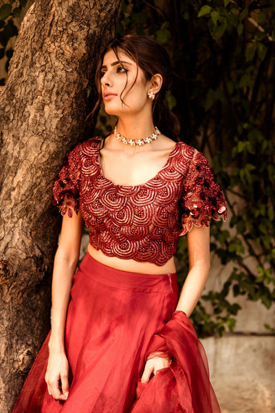 Marsala Organza Lehenga Set - BHUMIKA SHARMA