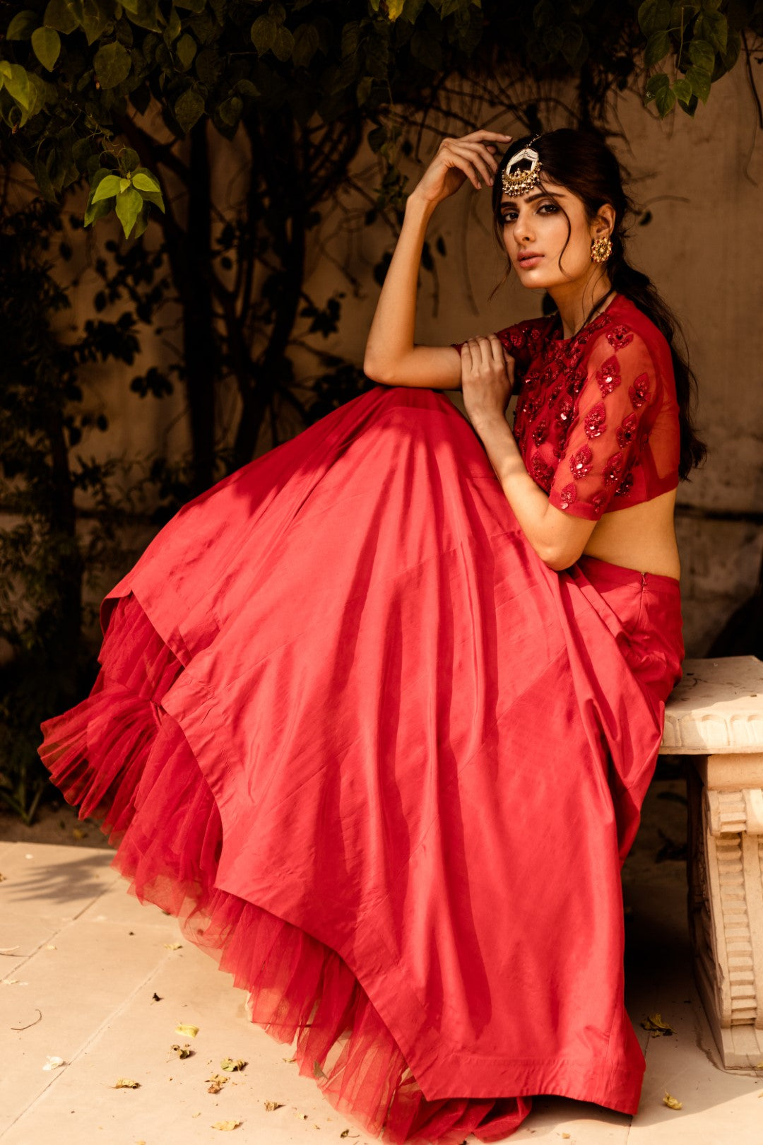 Red Monotone Skirt with Blouse - BHUMIKA SHARMA