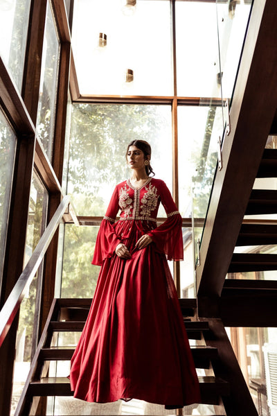 Red Embellished peplum top with flared sleeves and pleated skirt set - BHUMIKA SHARMA