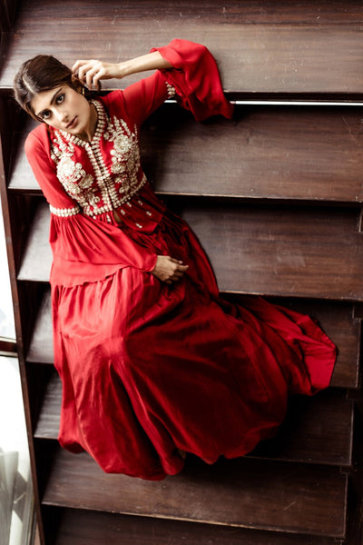 Red Embellished peplum top with flared sleeves and pleated skirt set - BHUMIKA SHARMA