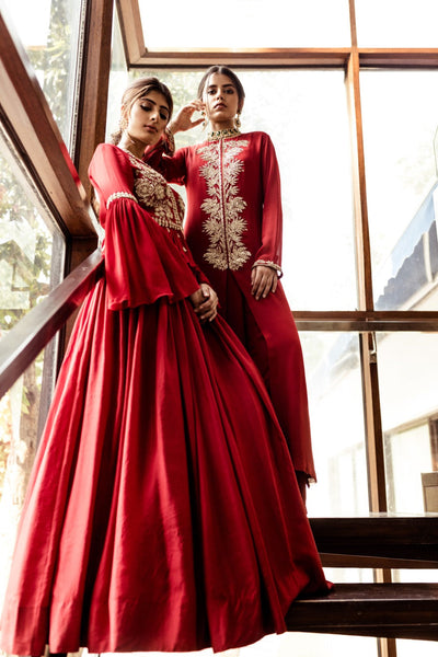 Red Embellished peplum top with flared sleeves and pleated skirt set - BHUMIKA SHARMA