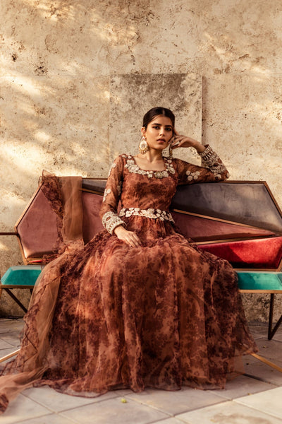 Nude Floral Print Anarkali - BHUMIKA SHARMA
