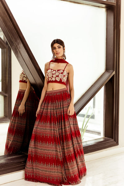 Red embellished bustier with Geometric print pleated skirt - BHUMIKA SHARMA
