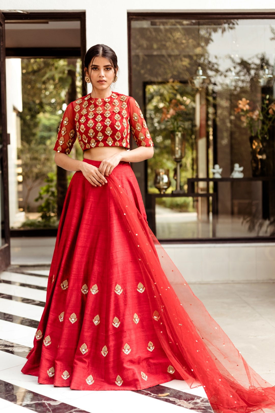 Red Leaf Motif Lehenga Set - BHUMIKA SHARMA