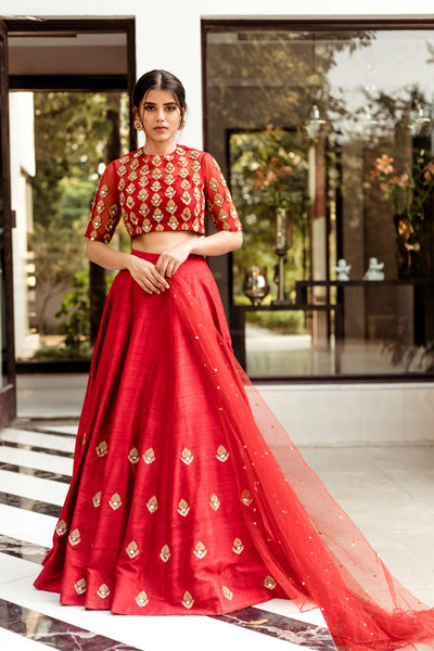 Red Leaf Motif Lehenga Set - BHUMIKA SHARMA