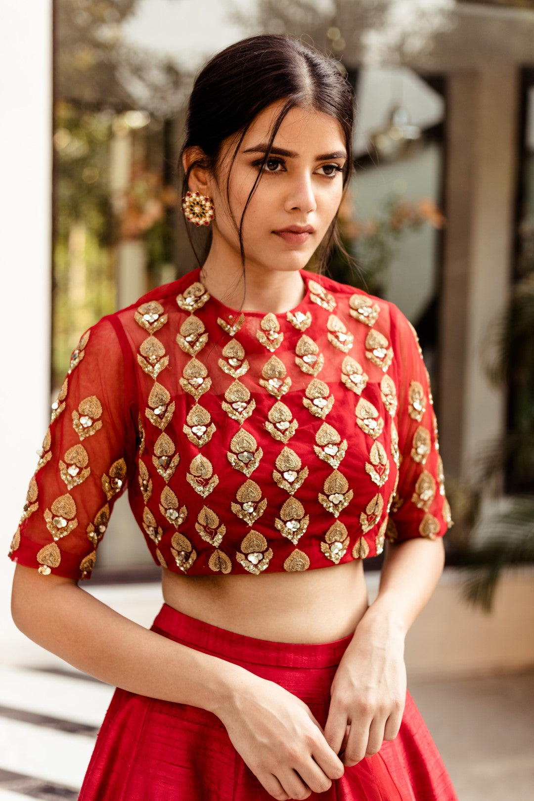 Red Leaf Motif Lehenga Set - BHUMIKA SHARMA