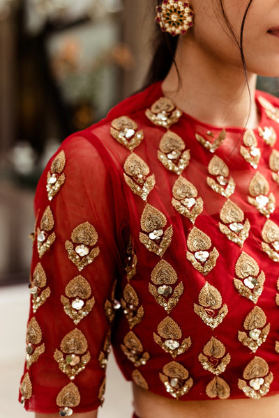 Red Leaf Motif Lehenga Set - BHUMIKA SHARMA