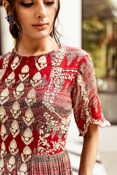 Red Geometric Print Anarkali - BHUMIKA SHARMA