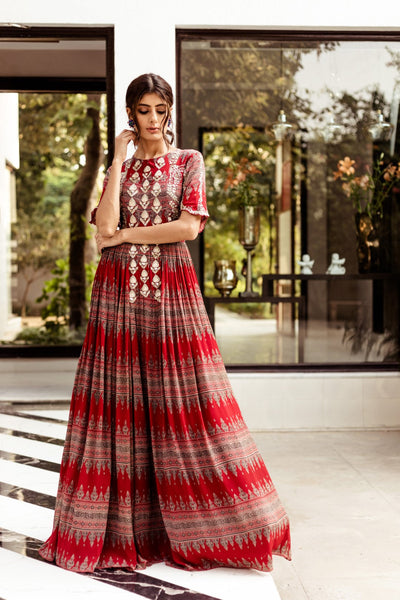 Red Geometric Print Anarkali - BHUMIKA SHARMA