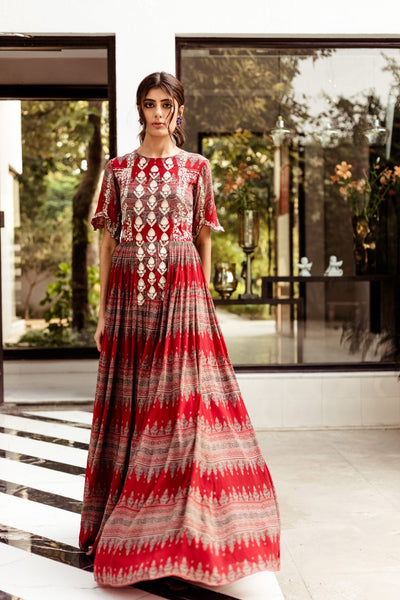 Red Geometric Print Anarkali - BHUMIKA SHARMA
