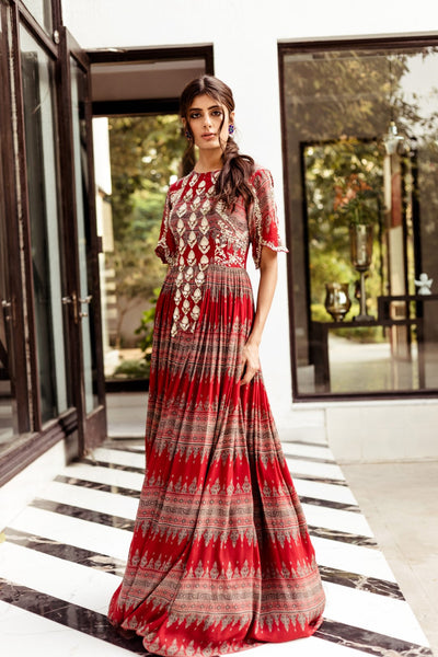 Red Geometric Print Anarkali - BHUMIKA SHARMA