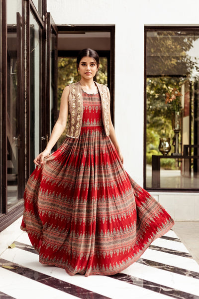 Red Geometric Print Anarkali with Jacket - BHUMIKA SHARMA