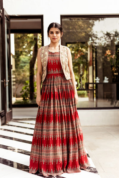 Red Geometric Print Anarkali with Jacket - BHUMIKA SHARMA