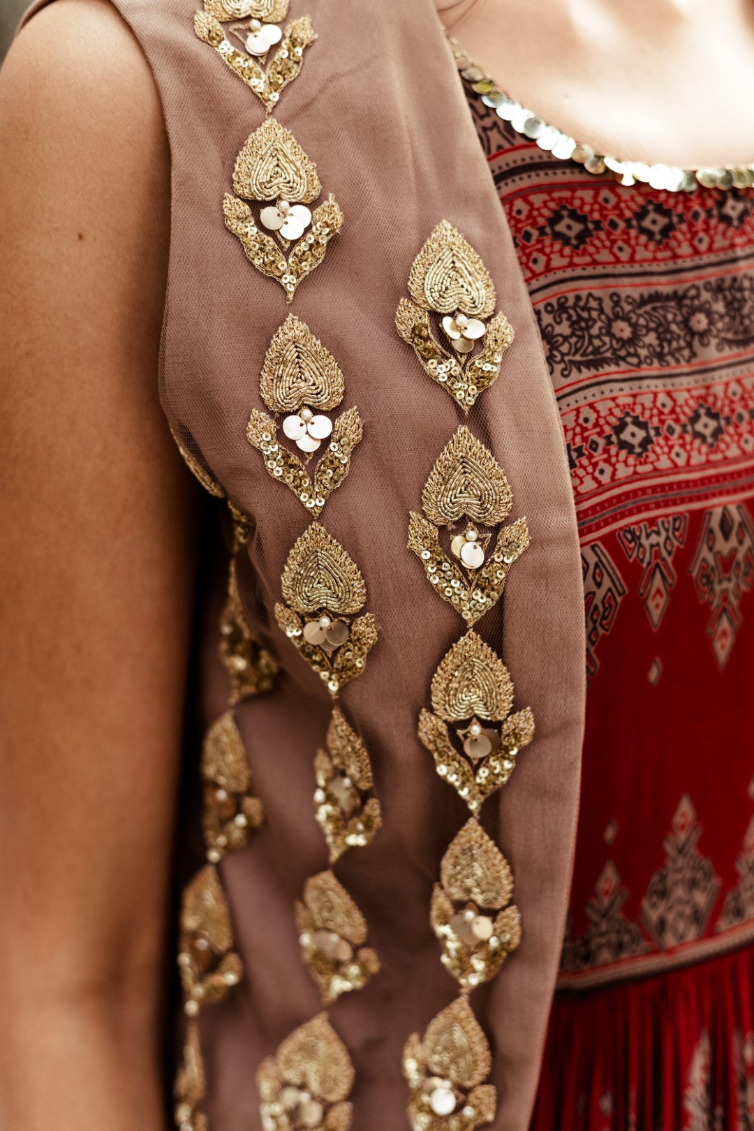 Red Geometric Print Anarkali with Jacket - BHUMIKA SHARMA